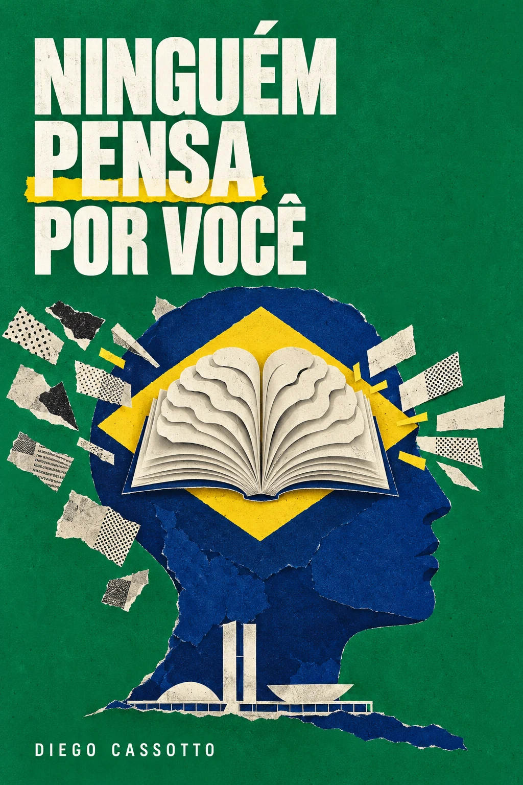 Capa: cabeça em azul com livro aberto e formas da bandeira brasileira